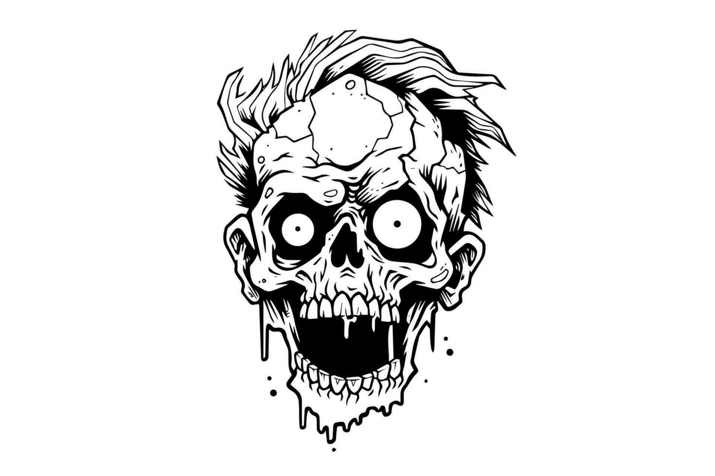 Zombie head or face ink sketch. Walking dead hand drawing vector illustration.