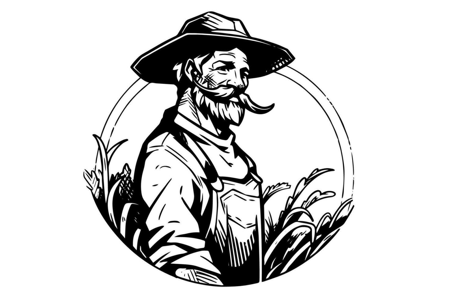 Happy farmer in hat engraving style. Hand drawn ink sketch. Vector logotype illustration.