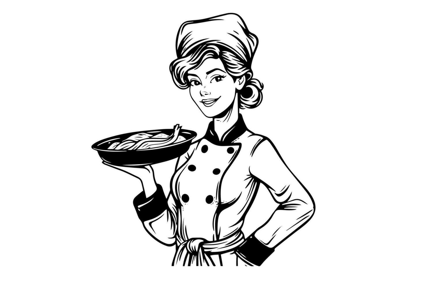 Smiley woman chef ink sketch in engraving style.  Drawing young female vector illustration.