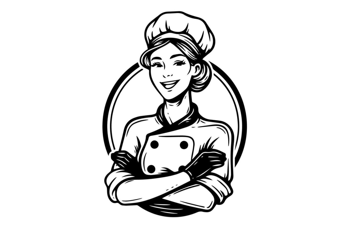 Smiley woman chef ink sketch in engraving style.  Drawing young female vector illustration.