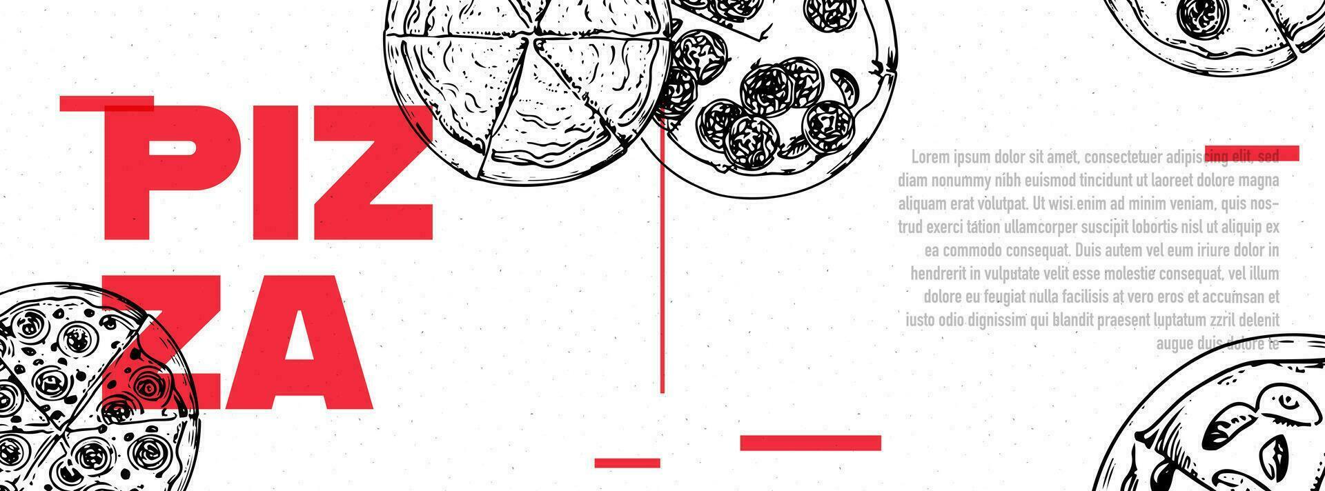 Italian pizza menu design. Poster, banner or template pattern. Set of vector illustrations. Typography. Vintage ink sketch. Engraving style. Labels, cover, price tag, painting.