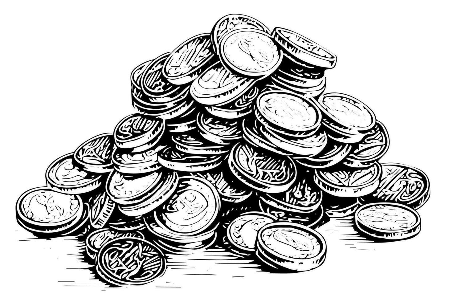 Stack of coins money in engraving style. Hand drawn ink sketch. Vector illustration.