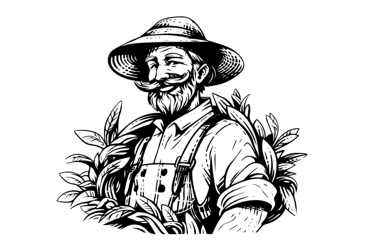 Happy farmer in hat engraving style. Hand drawn ink sketch. Vector logotype illustration.