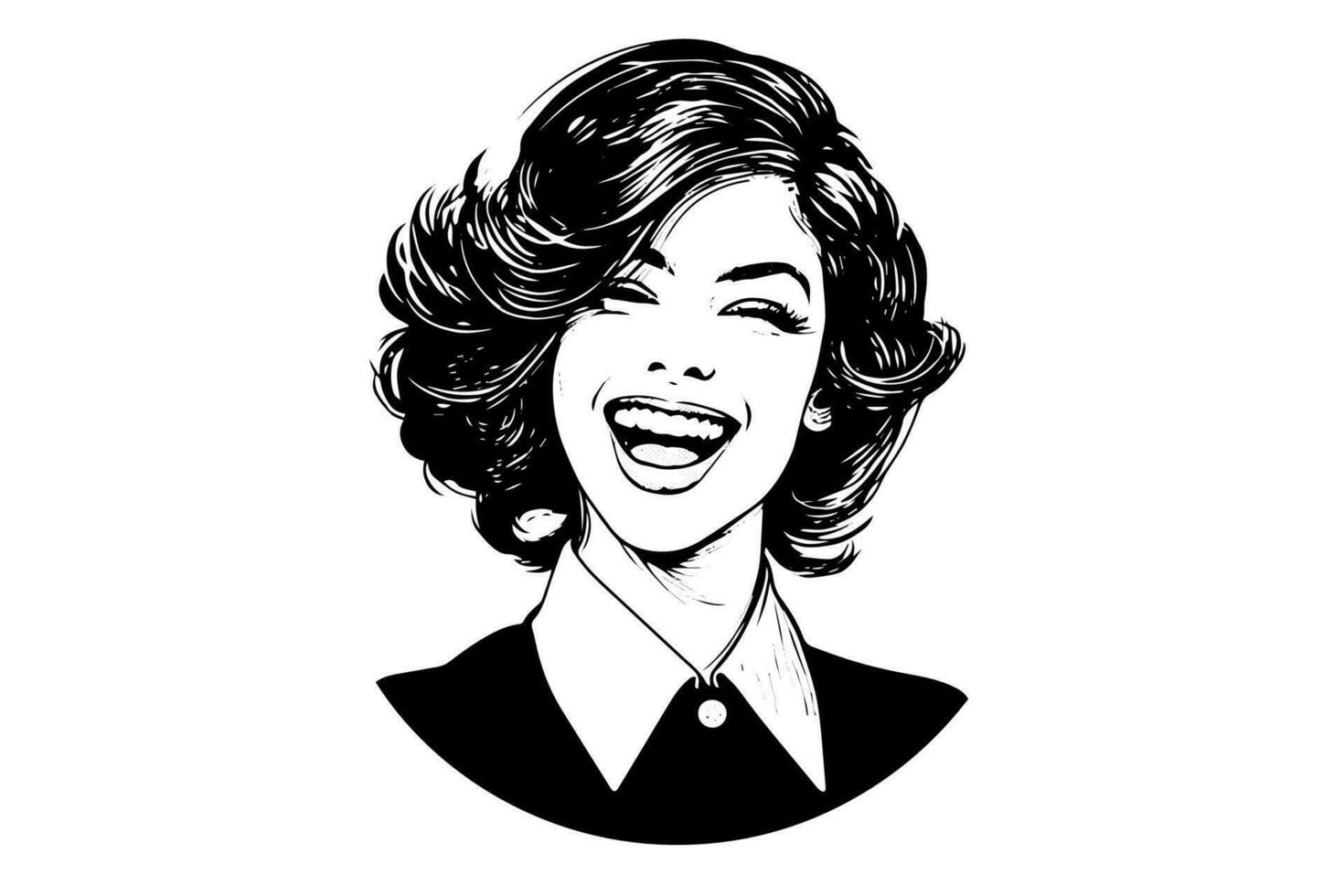 Happy businness woman  ink drawing sketch. Pop art style black and white vector illustration.