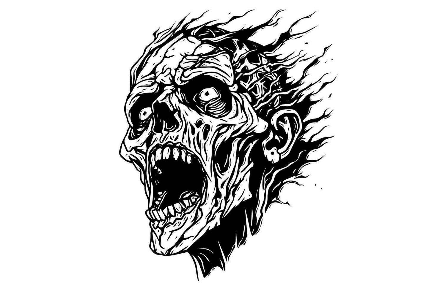 Zombie head or face ink sketch. Walking dead hand drawing vector illustration.