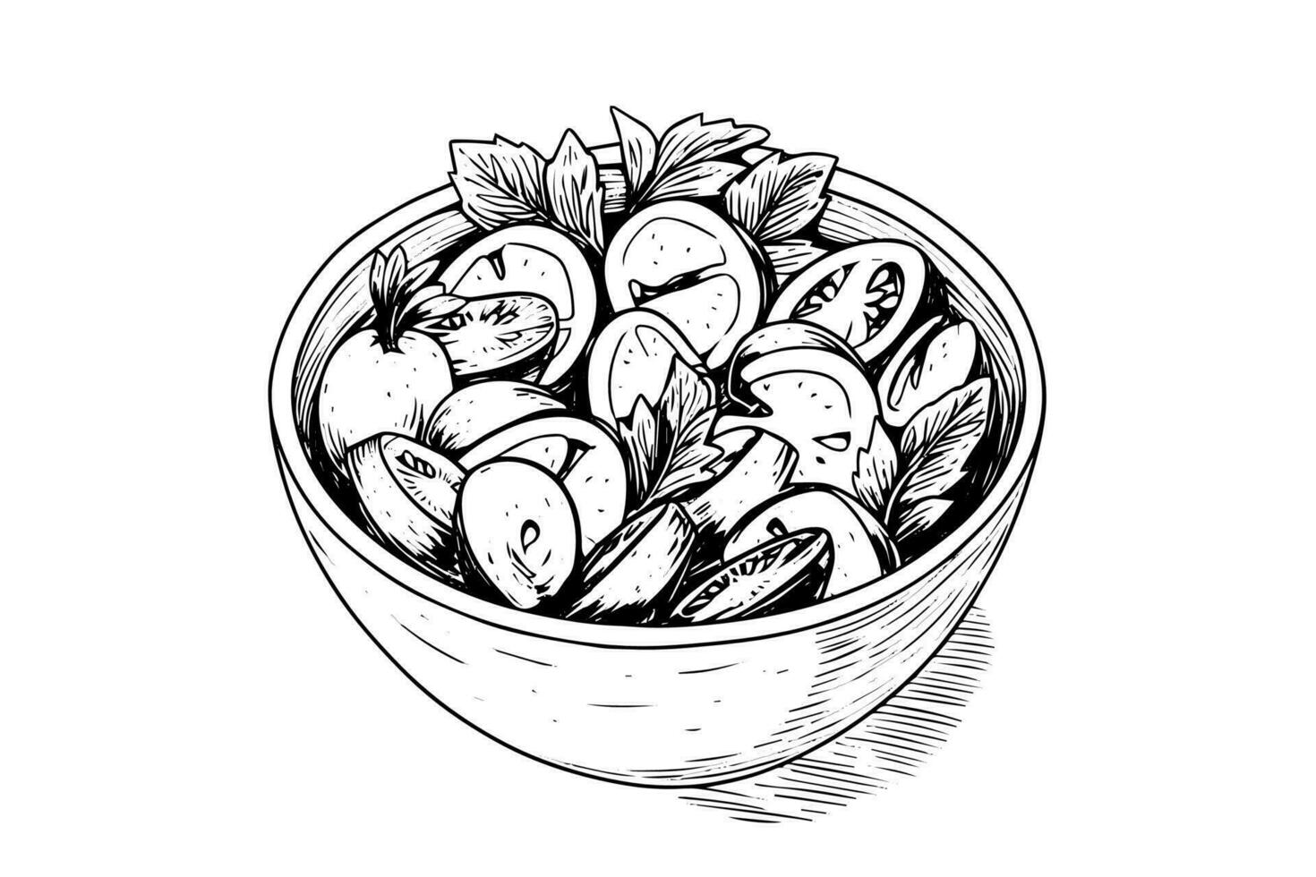 Bowl vegetables salad ink sketch hand drawn. Engraving style vector illustration.