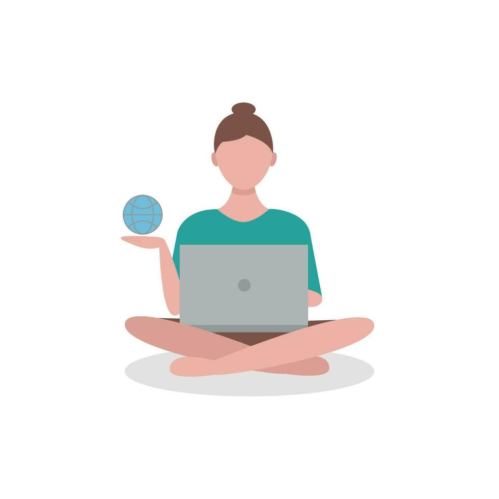 World in your laptop. Young woman sitting on the floor with laptop. Flat vector illustration.