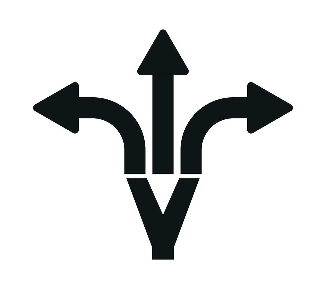 Three Way Direction Arrow Icons, Triple Directional Road Icon Sign, Traffic Sign, Three Way Decision Opportunity Option Arrow Symbol 3 Path Pointing Choice, Y Intersection Sign Vector Illustration
