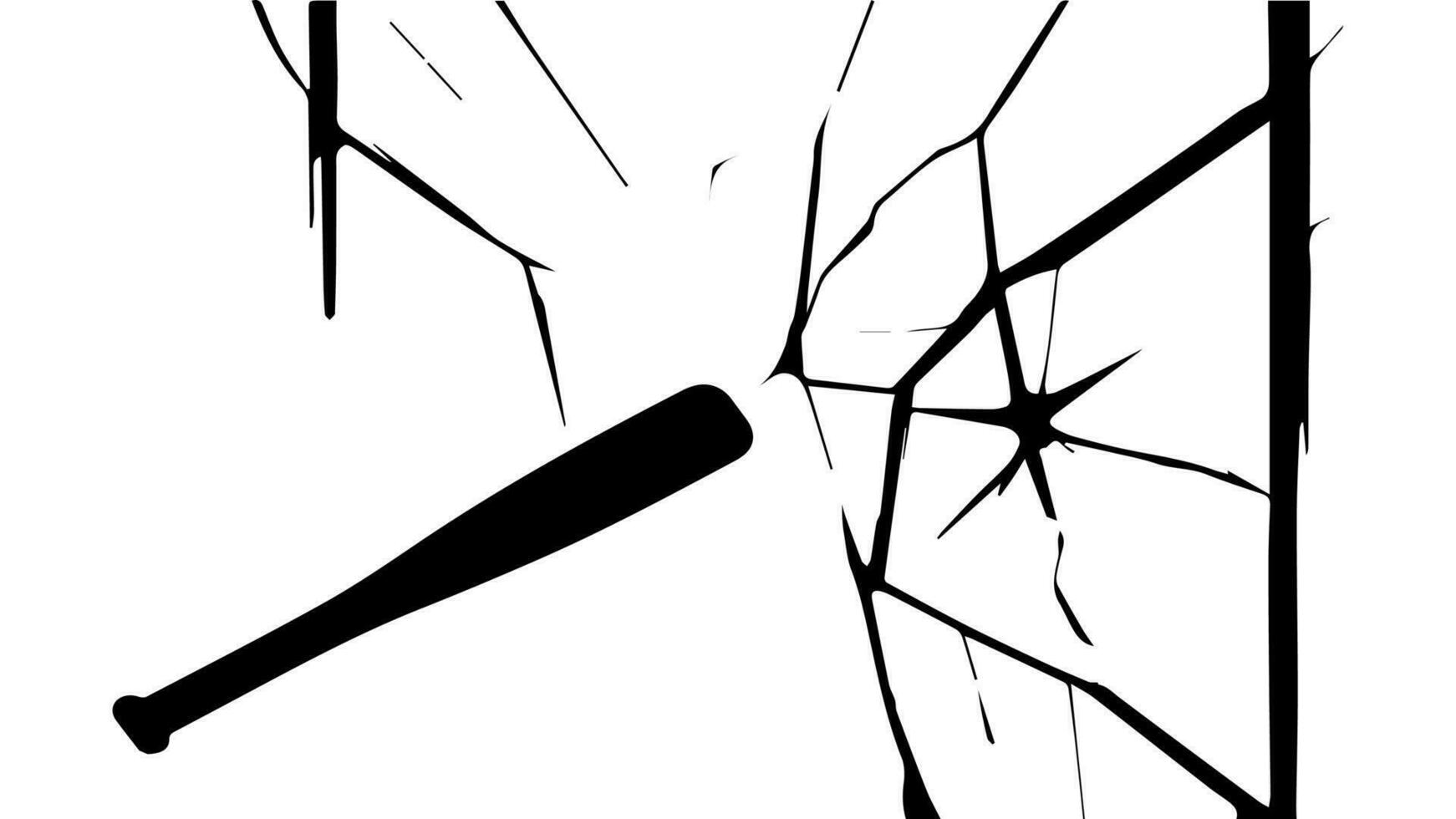 Vandalism, hooliganism. A baseball bat breaks a glass window, the window cracks. Street crime, aggression, damage, robbery. Vector. Silhouette. Black and white drawing. vector