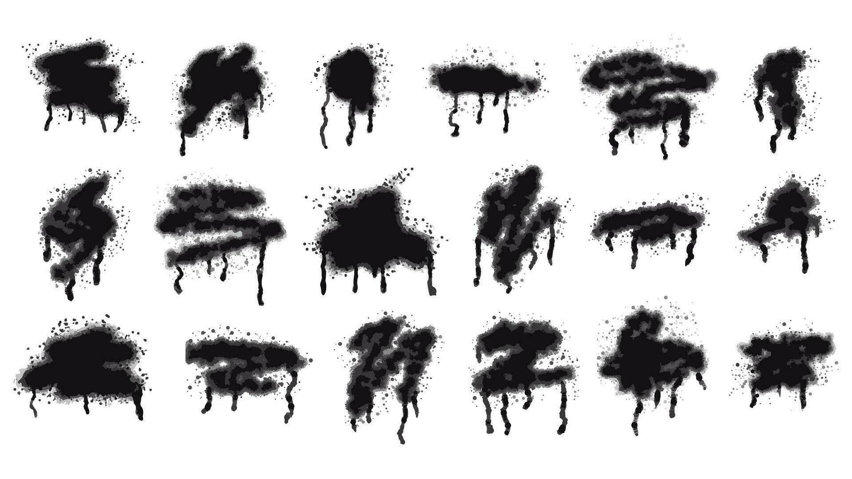 Set of black ink stains painted with aerosol spray with drops and smudges. Collection of graffiti, street art, stencil, template. Vector isolated on white