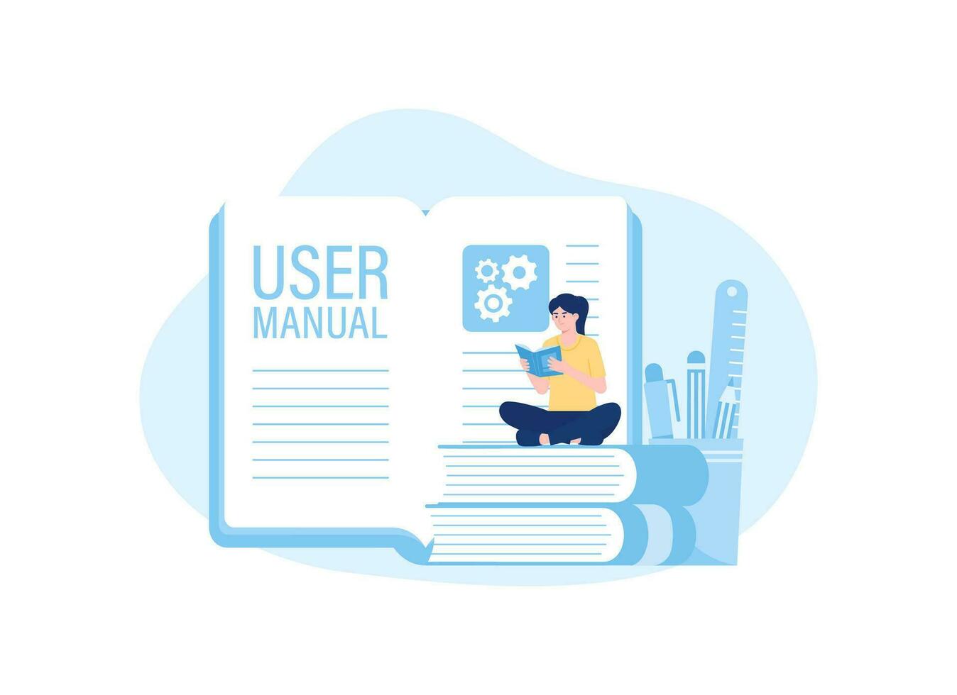 A woman sitting on a pile of books reading a book concept flat illustration vector