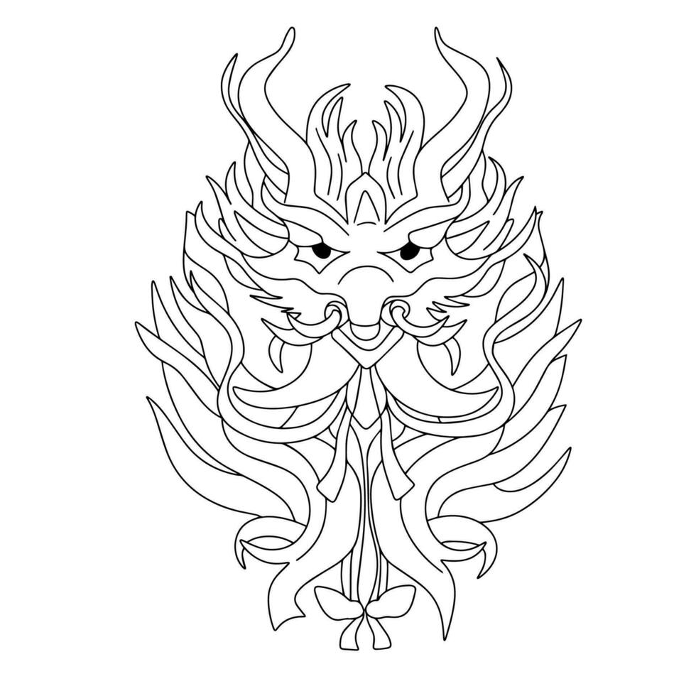 Dragon head in doodle style. Hand drawn dragon face, Chinese traditional fantasy animal. Dragons mask. Symbol 2024 dragon outline. Vector illustration.