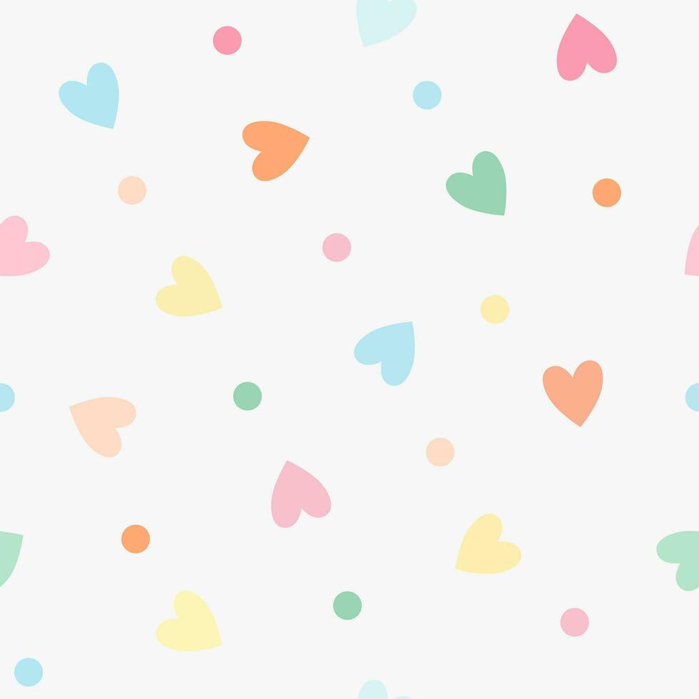 Repeating multicolored hearts and polka dots. Endless romantic print. Vector illustration.
