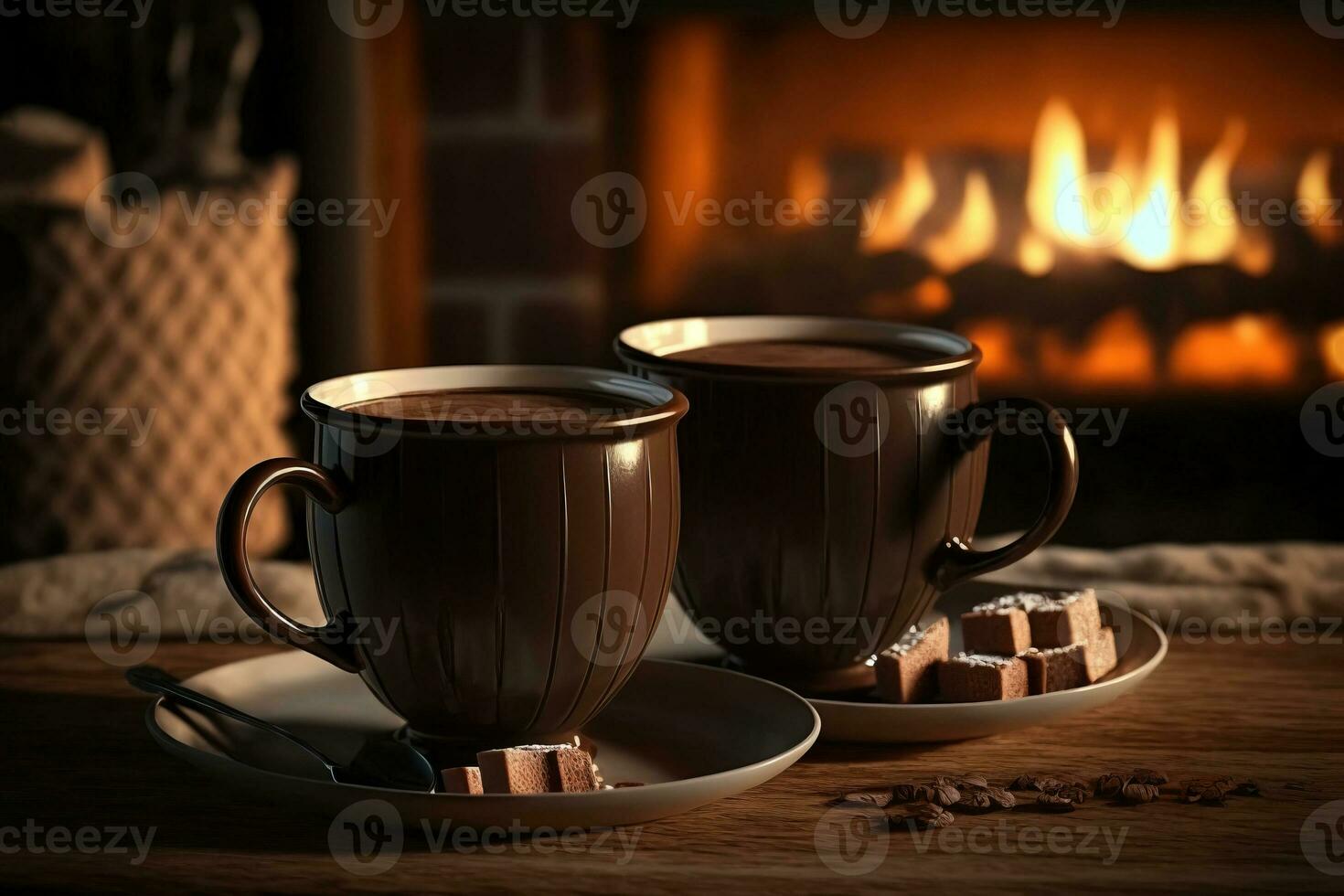 dos tazas de caliente chocolate en frente de chimenea, ai generativo foto