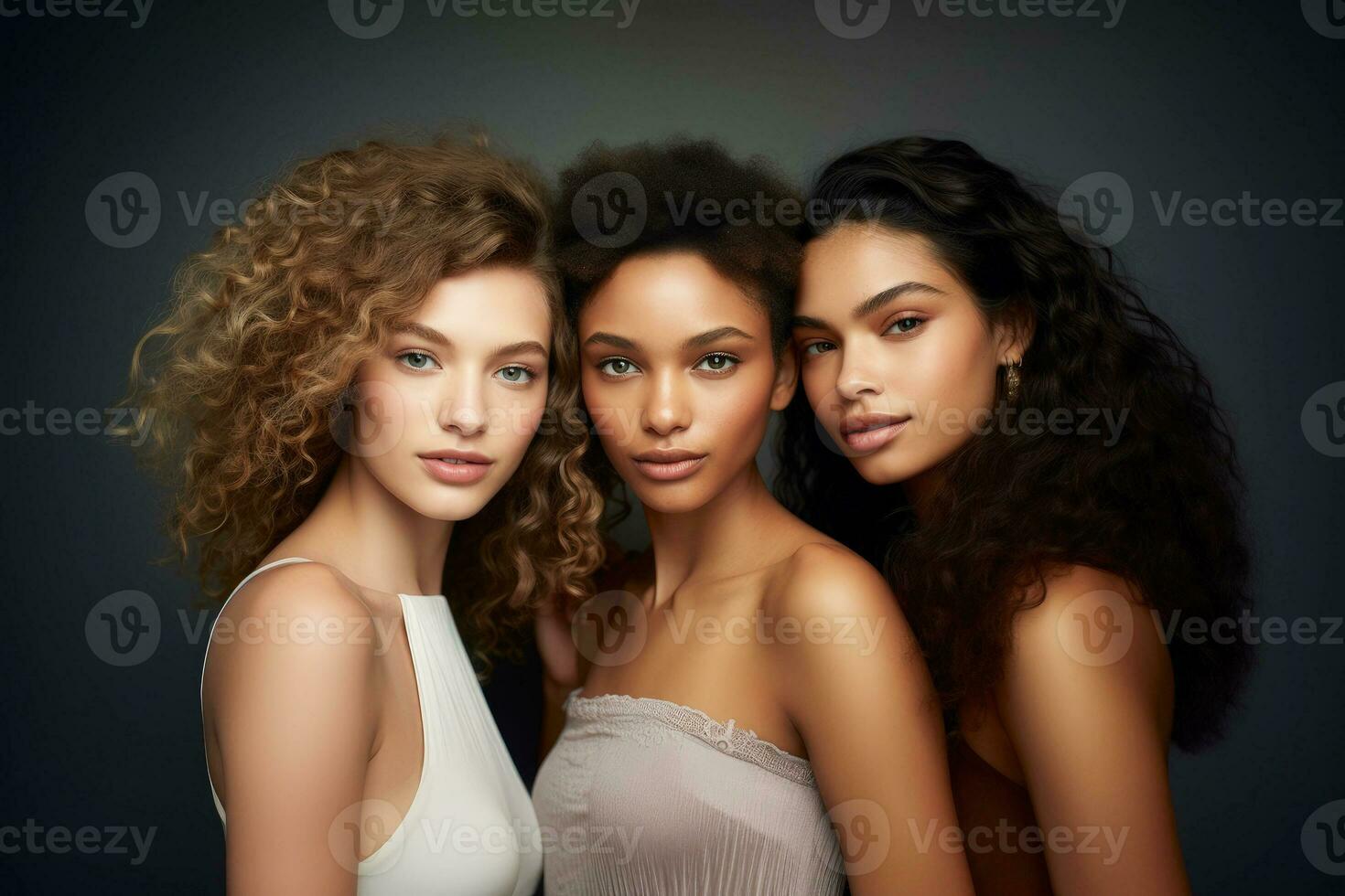 belleza retrato de 3 diverso joven mujer de diferente pelo y piel color, ai generativo foto