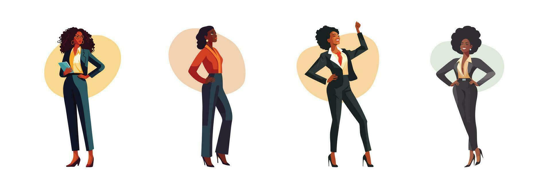 Simple vector illustrations of black women in business suits. Empowering diversity in the corporate world.