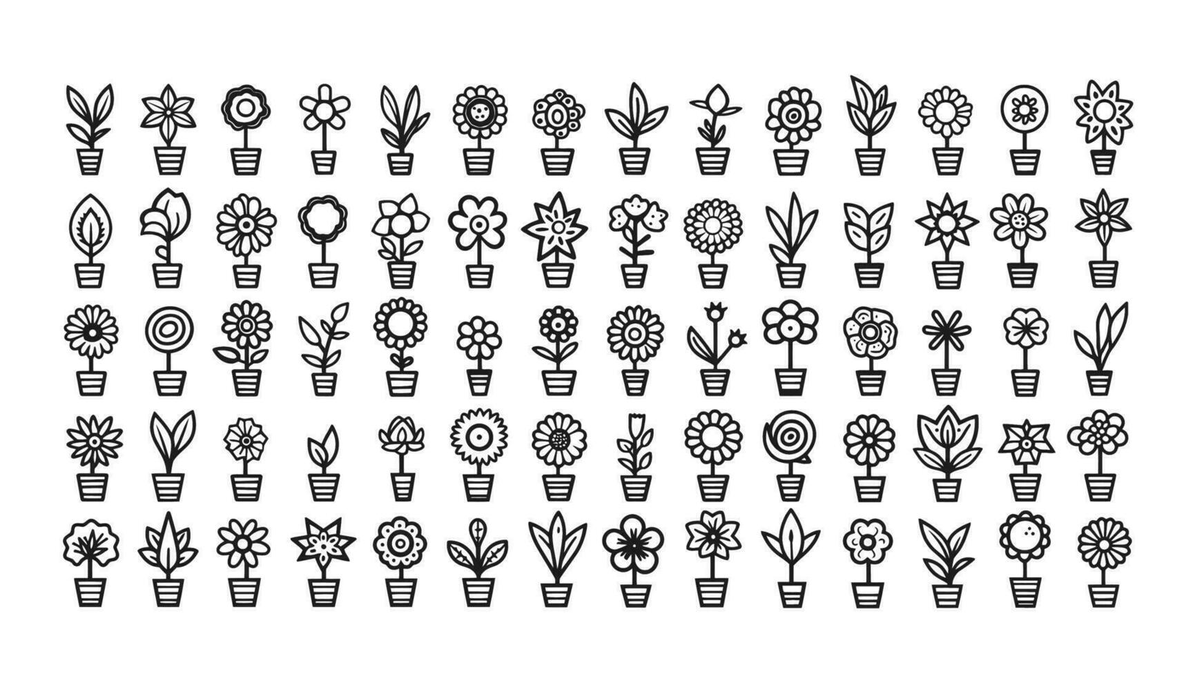 Flower in the pot clipart set. Collection of 70 sleek black and white plants illustrations. Minimalist elegance for your design project. vector