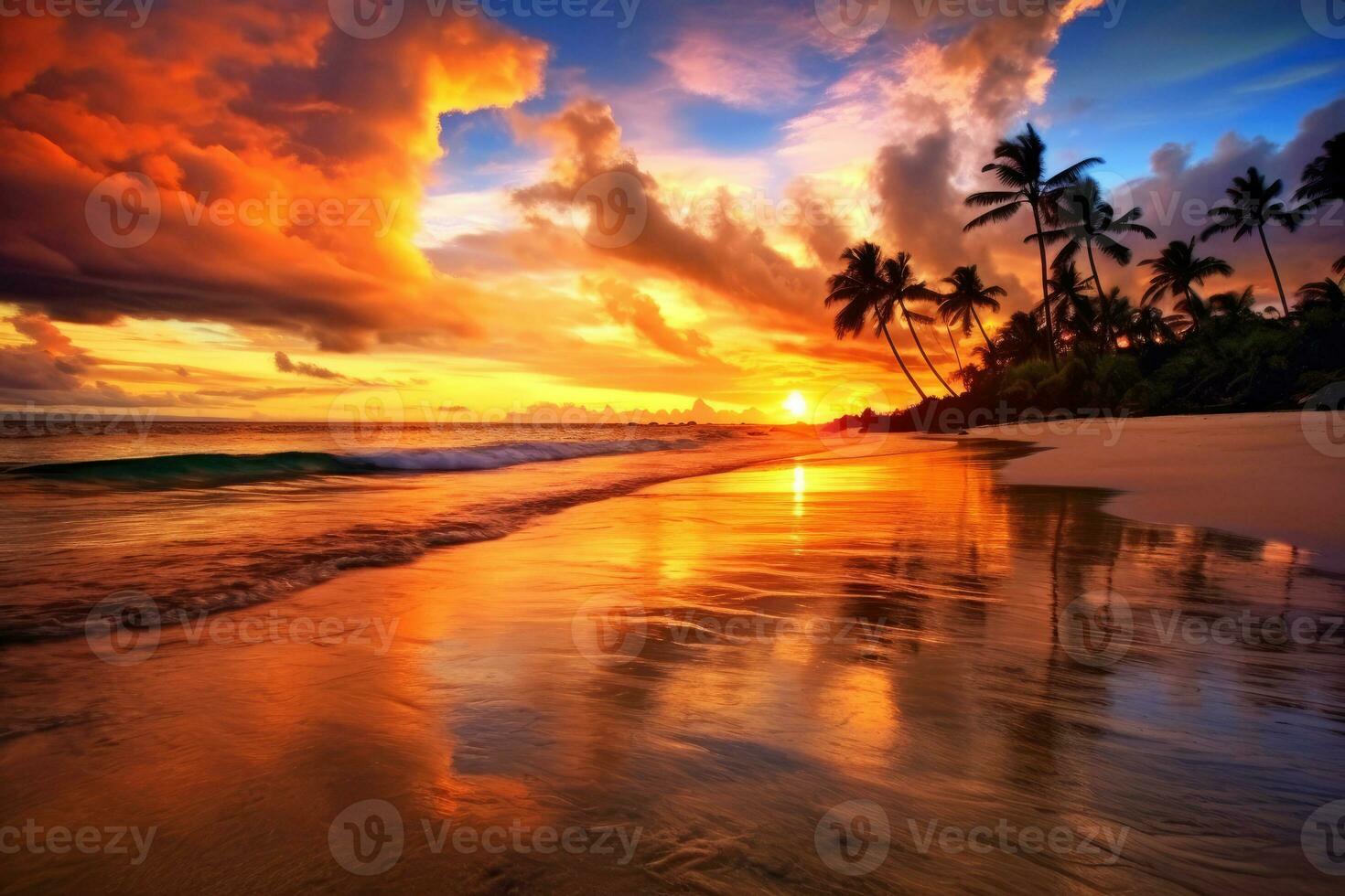 puesta de sol a tropical arena playa con dramático nubes y palma árbol siluetas, ai generativo foto