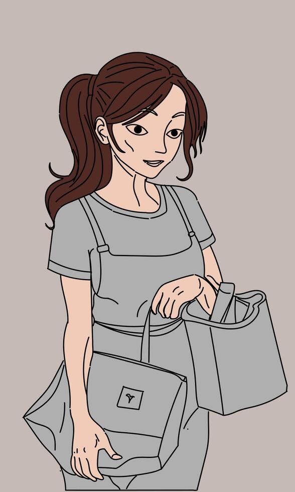a simple 2d drawing of a lady with a recycling bag vector