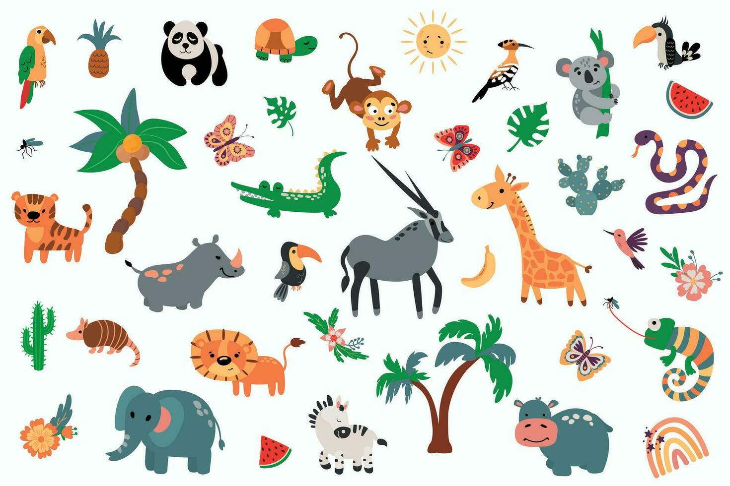 Safari animals set. Hand drawn style. White background, isolate vector