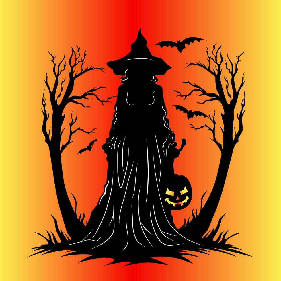 vector black line witch with Halloween themed pumpkin fruit