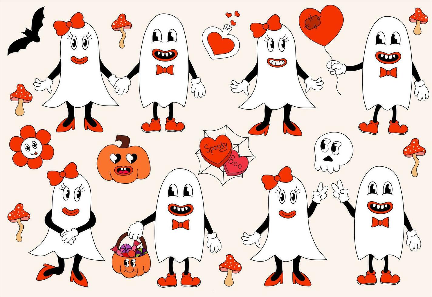 Retro set 70s 60s 80s Hippie Groovy Halloween Ghosts girl and boy in love. Pumpkin, skull, fly agaric, flower power, spider web. Valentine candy hearts with text Boo, Spooky. Vector flat.