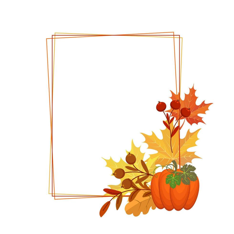 Thanksgiving frame. Composition of pumpkin, autumn leaves, rowan and mushrooms. Postcard for text, vector