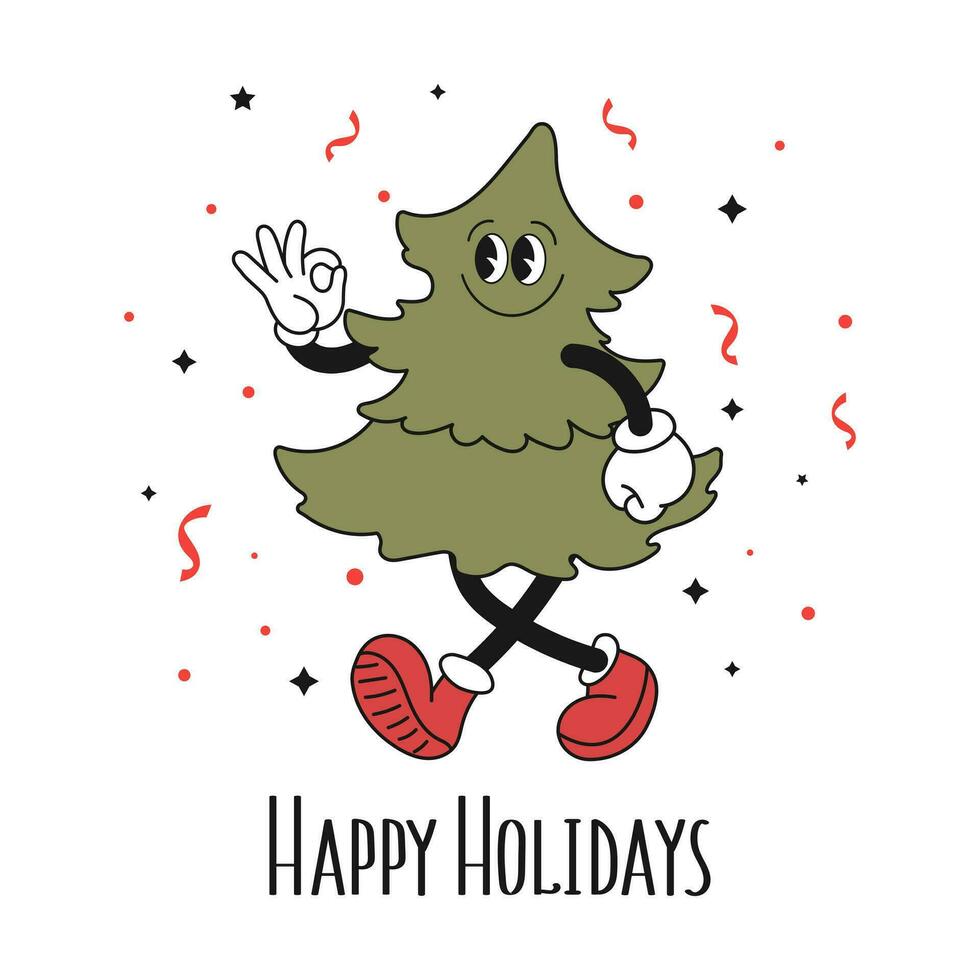 Retro Groovy hippie christmas tree character with calligraphy. Christmas Holiday card in trendy cartoon style. Vector