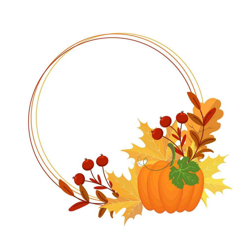 Thanksgiving frame. Composition of pumpkin, autumn leaves, rowan and mushrooms. Postcard for text, vector
