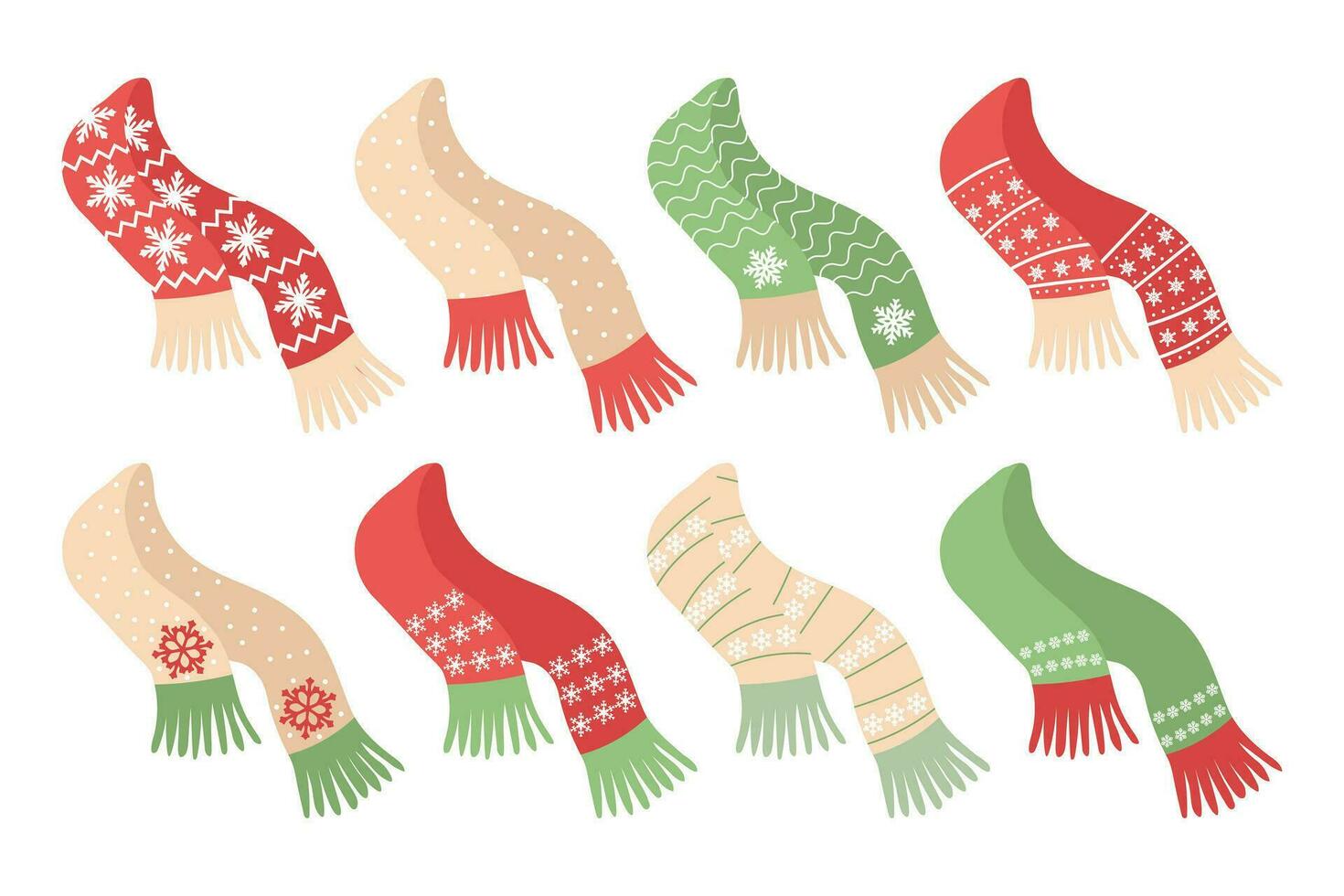 A set of winter knitted scarves with an ornament of snowflakes. Clothes and accessories. Decor elements, vector. vector