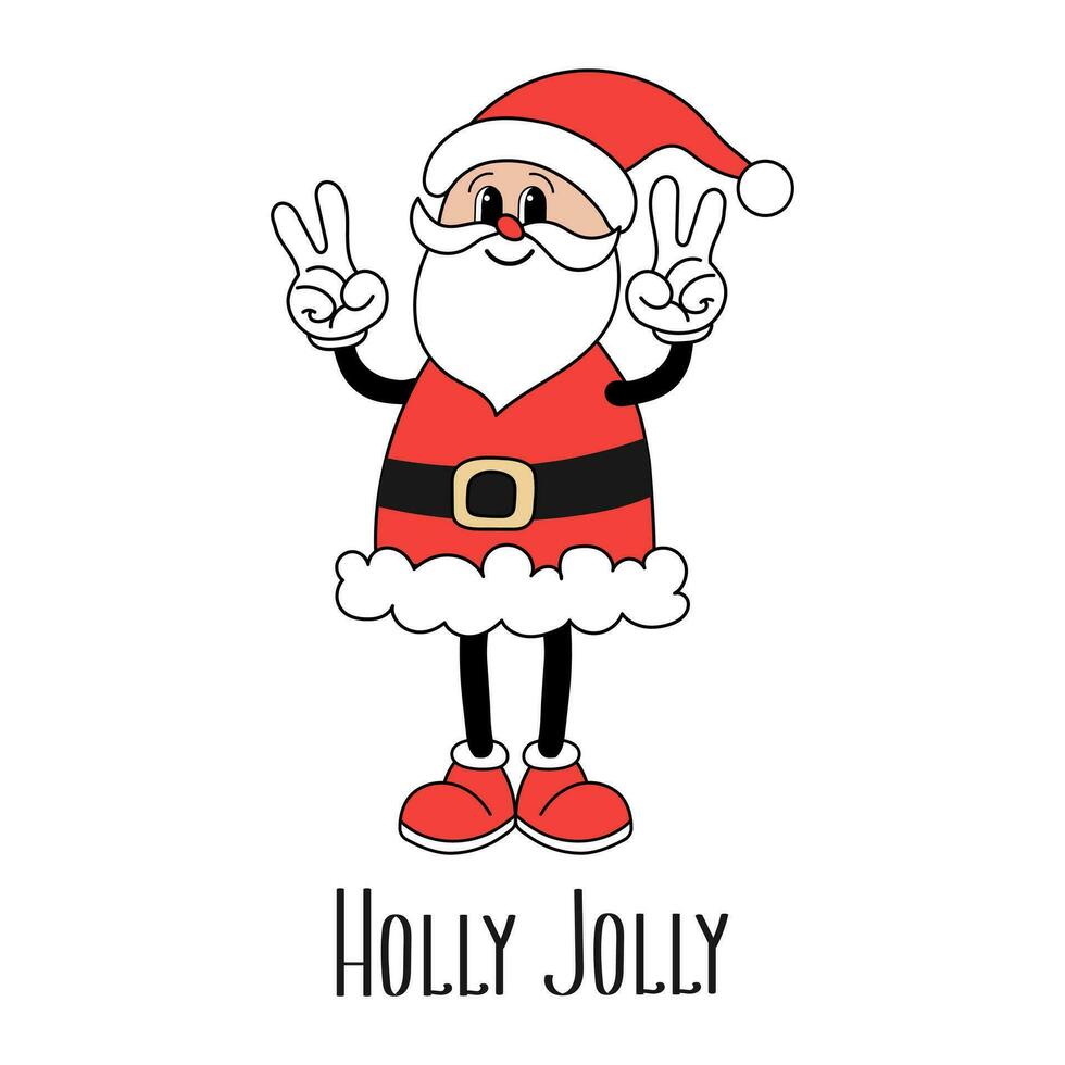 Retro Groovy hippie Santa Claus character with Holly Jolly calligraphy. Christmas Holiday card in trendy cartoon style. Vector