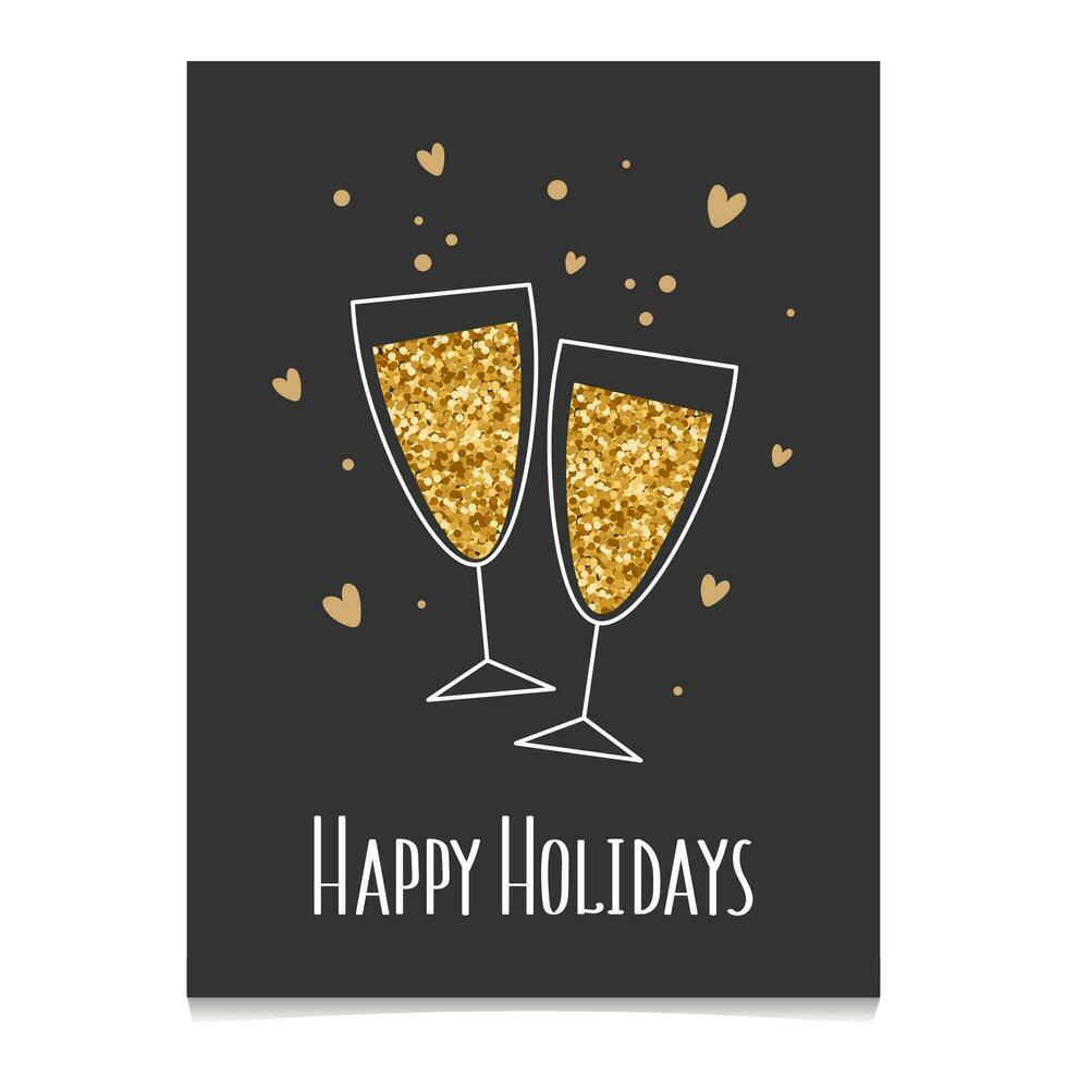 Postcard Happy holidays. Champagne glasses with golden glitter. Festive flat illustration, print, vector