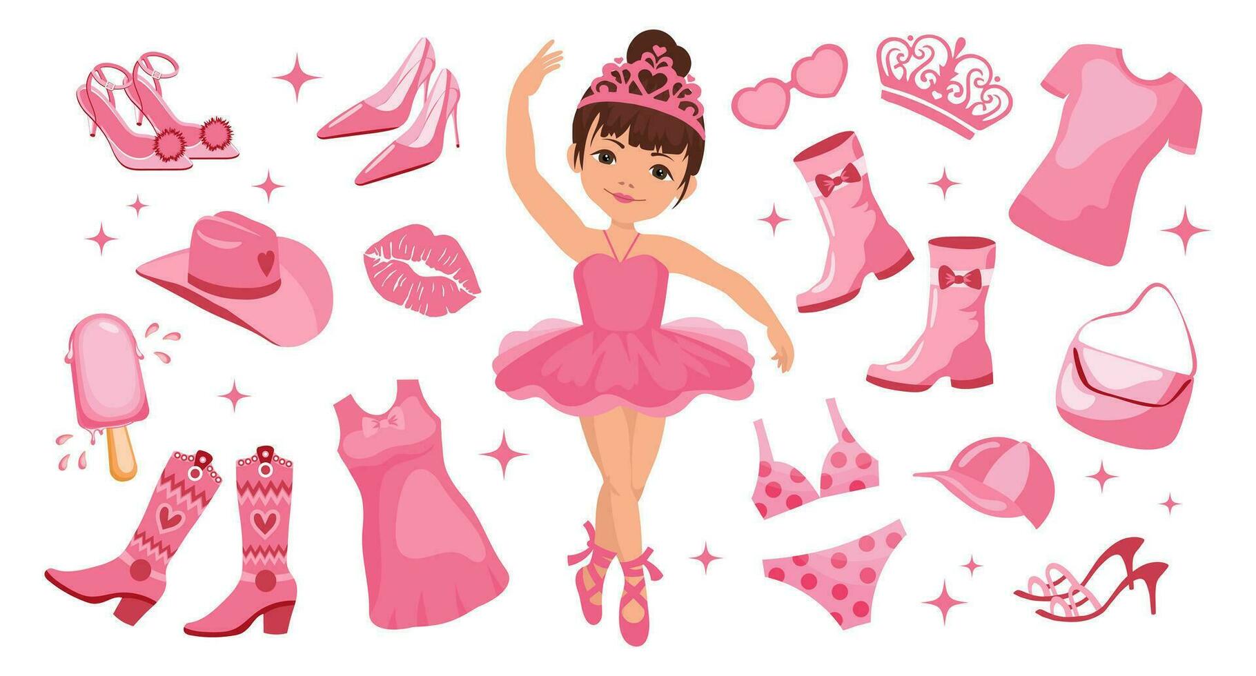 Princess and wardrobe clothes set for little princess. Pink fashion accessories and clothes for a pink doll. Crown, shoes, cowboy hat, boots, dress, bag, glasses. Vector