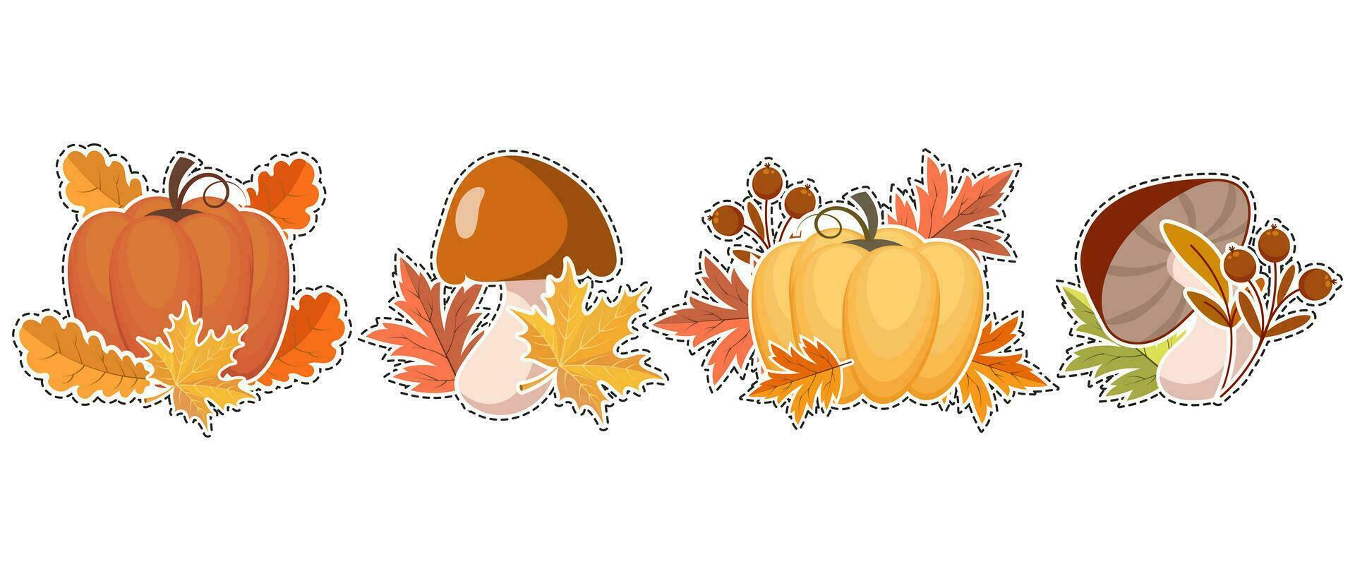 Set of autumn stickers, pumpkins, acorns, mushrooms and autumn leaves and rowan. Illustration, icons, template, vector