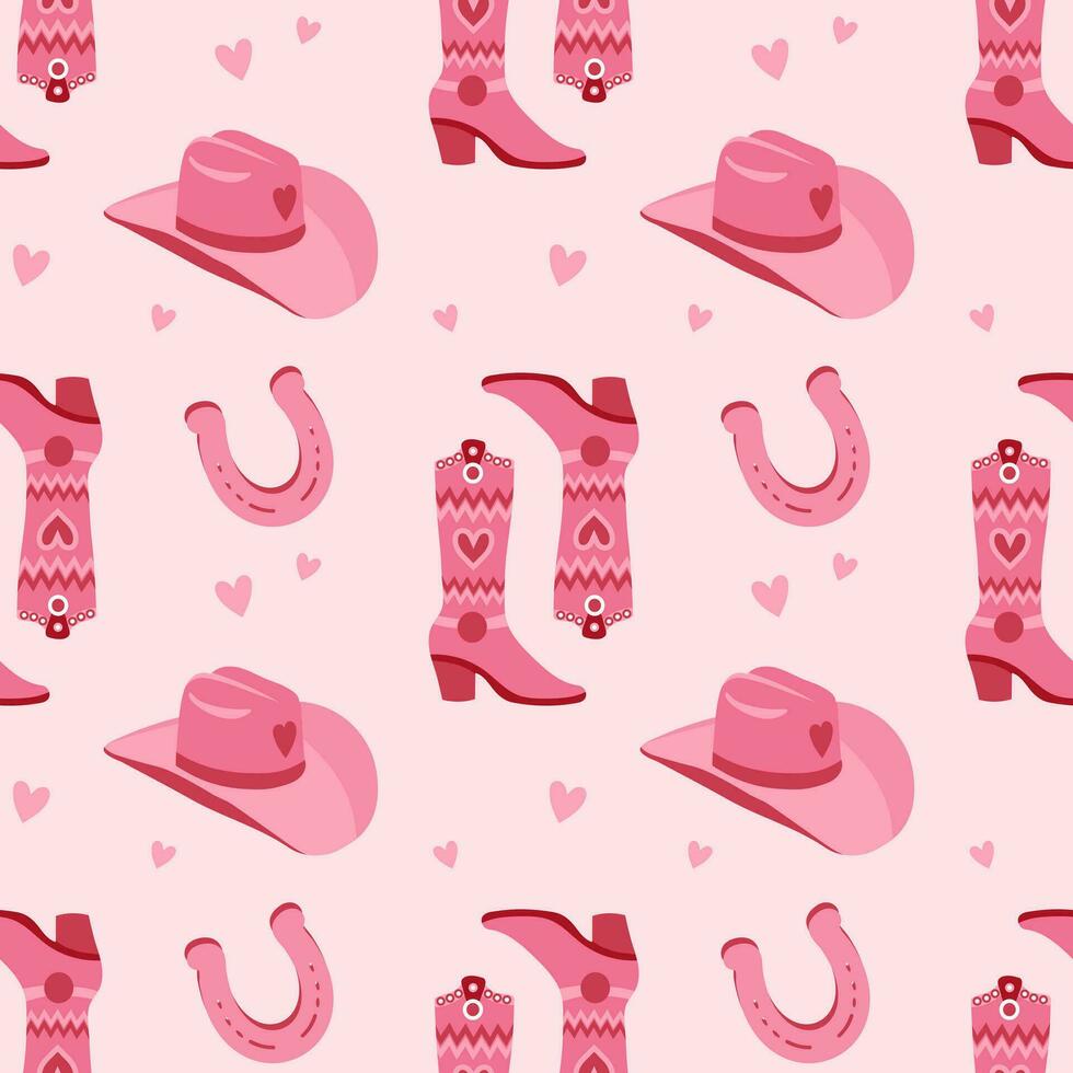 Retro seamless pattern with cowboy boots, hat and Cowgirl horseshoe. Print in the style of the Wild West for textiles, wrapping paper, packaging. Vector
