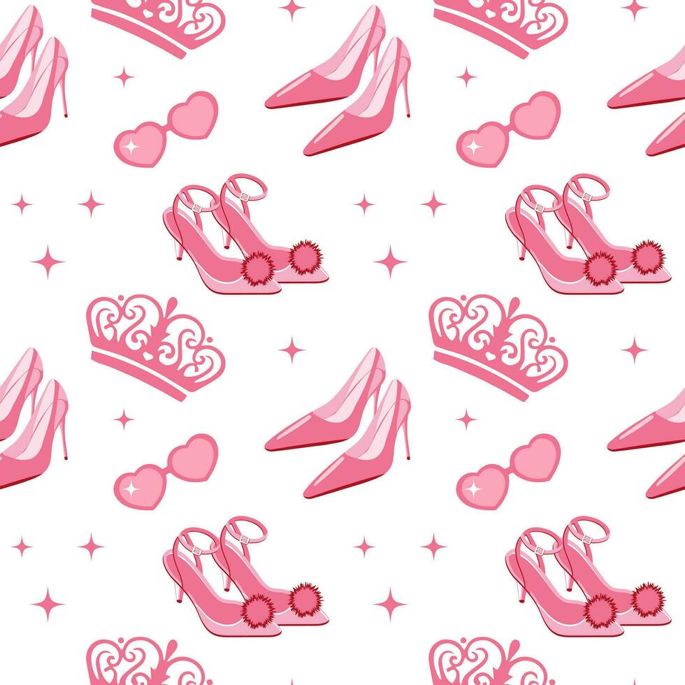 Cute pink seamless pattern with princess wardrobe details, crown, shoes, cowboy hat, kiss. Beautiful girlish wallpaper. Vector