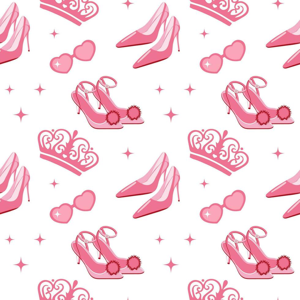 Cute pink seamless pattern with princess wardrobe details, crown, shoes, cowboy hat, kiss. Beautiful girlish wallpaper. Vector