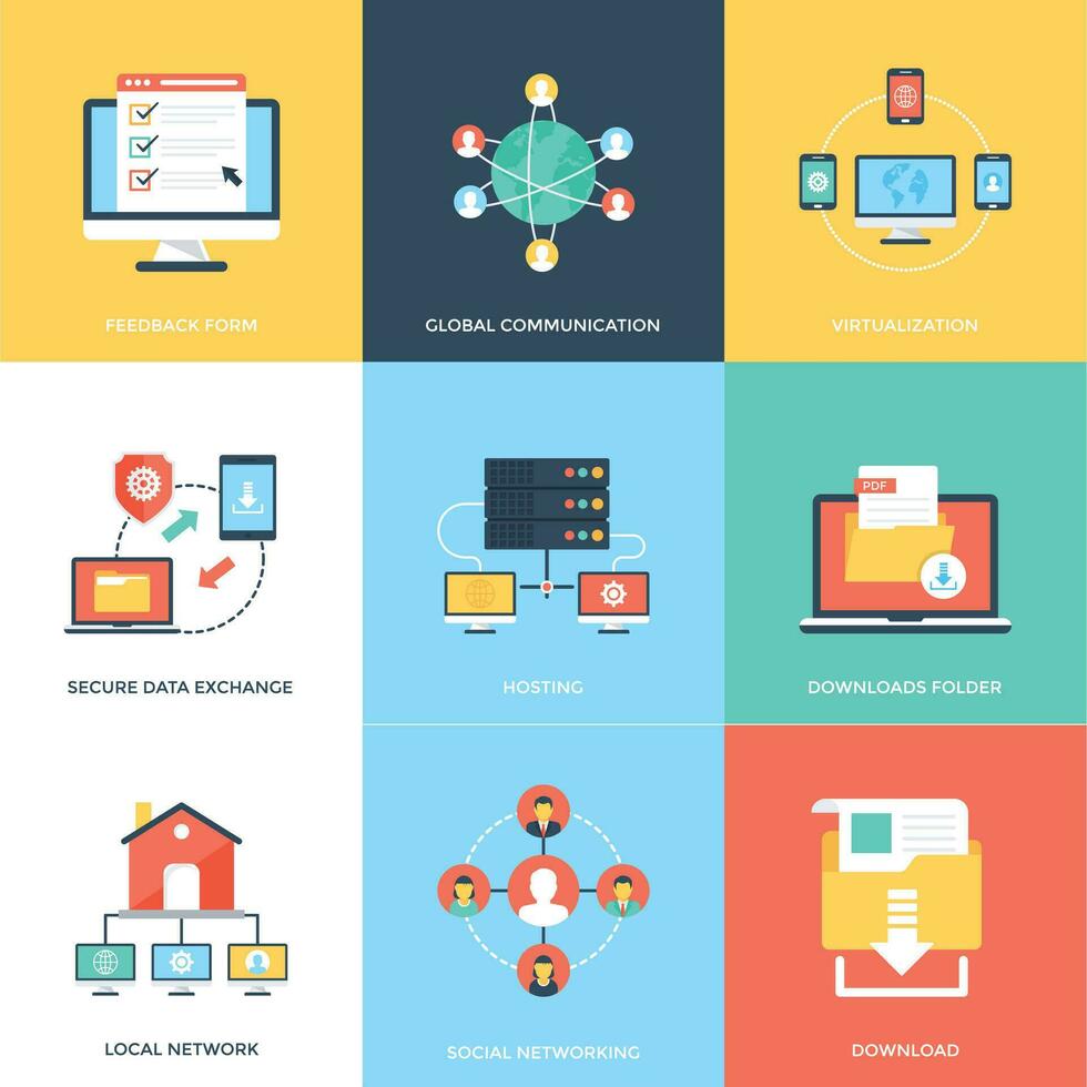 Web Technology And Security Flat Icons Set vector