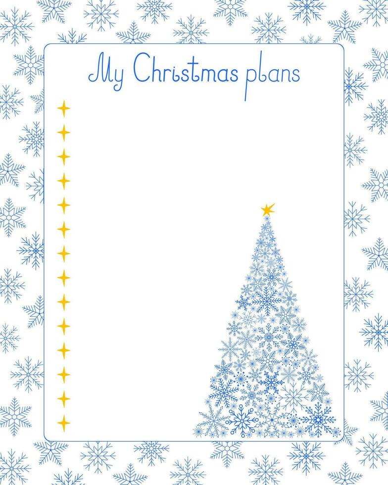 Empty printable list template for seasonal Christmas holiday or winter planning with snowflake tree decor vector illustration, things to do reminder, fill in template to organize festive life event