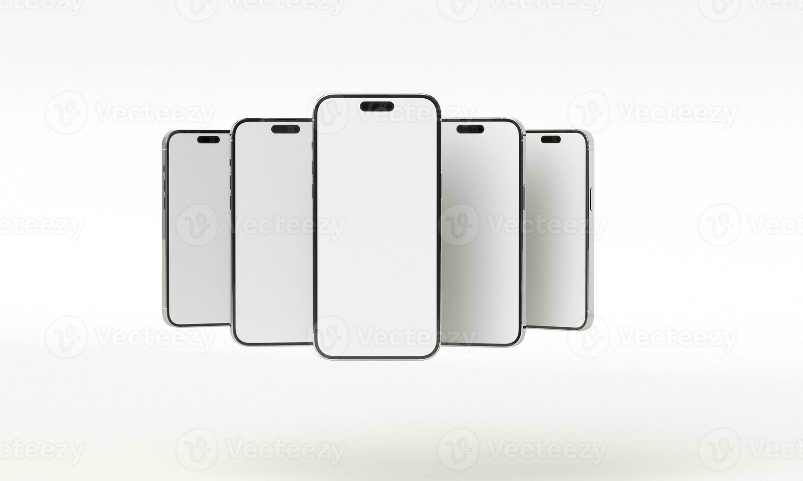 Illustration 3d render of isometric rectangles simulating a telephone in a 3d space with blank spaces. From different perspectives and views to help rock up for applications photo
