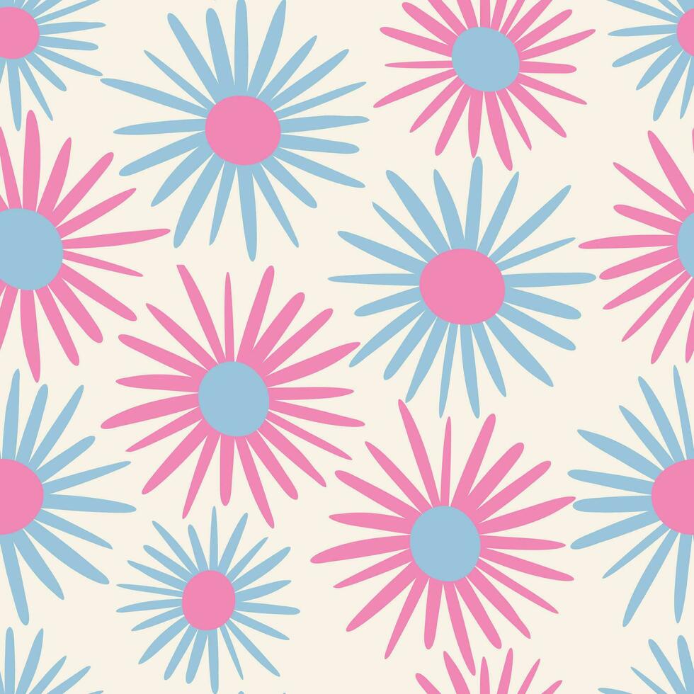 Groovy floral seamless pattern. Naive hand drawn daisy or chamomile. Pastel pink and blue flowers background. Cool funky design for fabric, textile, package, wrapping paper. print, card vector