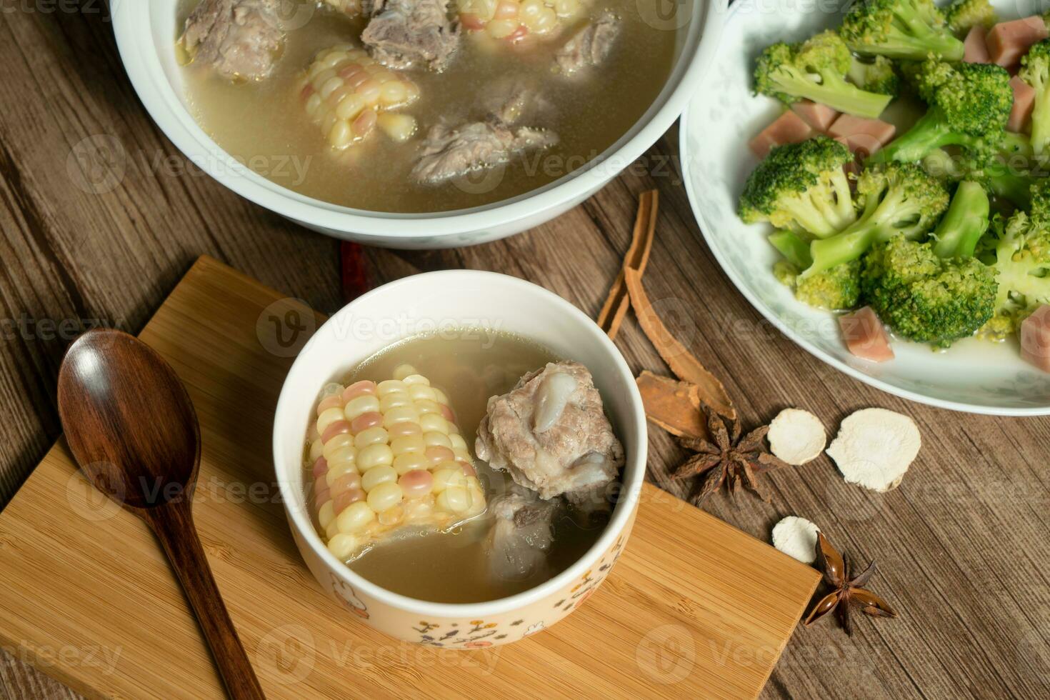 Corn and pork bone soup, delicious Chinese food. photo