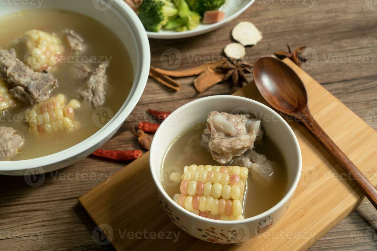 Corn and pork bone soup, delicious Chinese food. photo