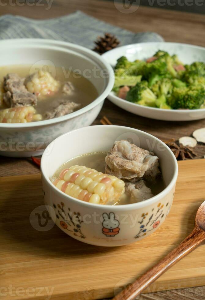 Corn and pork bone soup, delicious Chinese food. photo