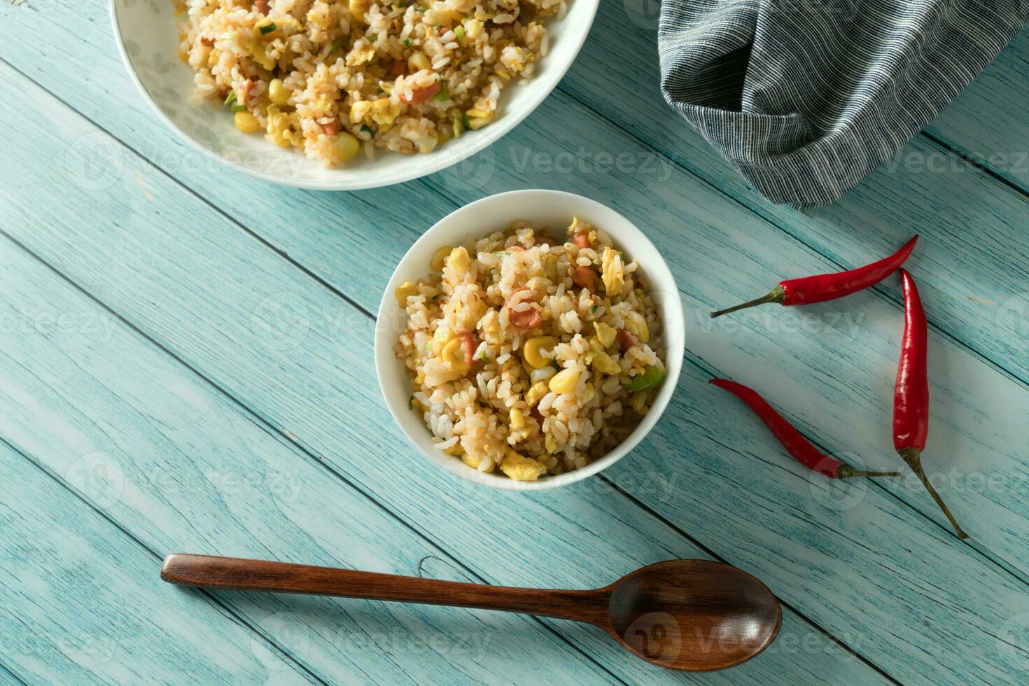 Chinese fried rice with blue background photo