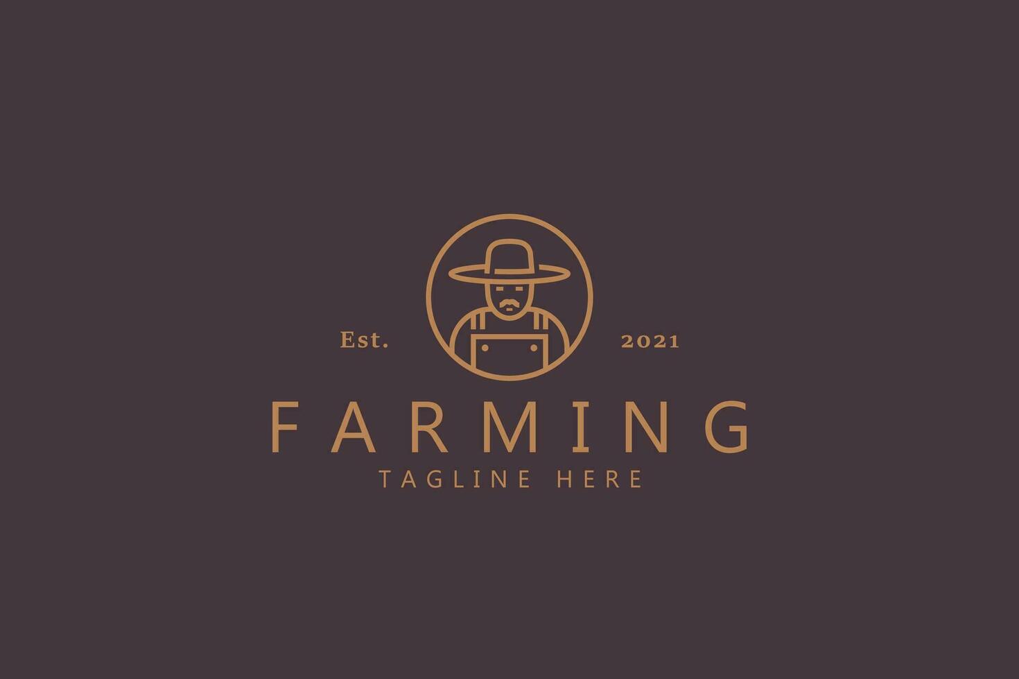 Farming Agricultural Premium Badge Logo. Line Style Symbol for Harvest, Farmer, Food and Natural Product. Illustration of Man with a Mustache Wearing The Hat. vector