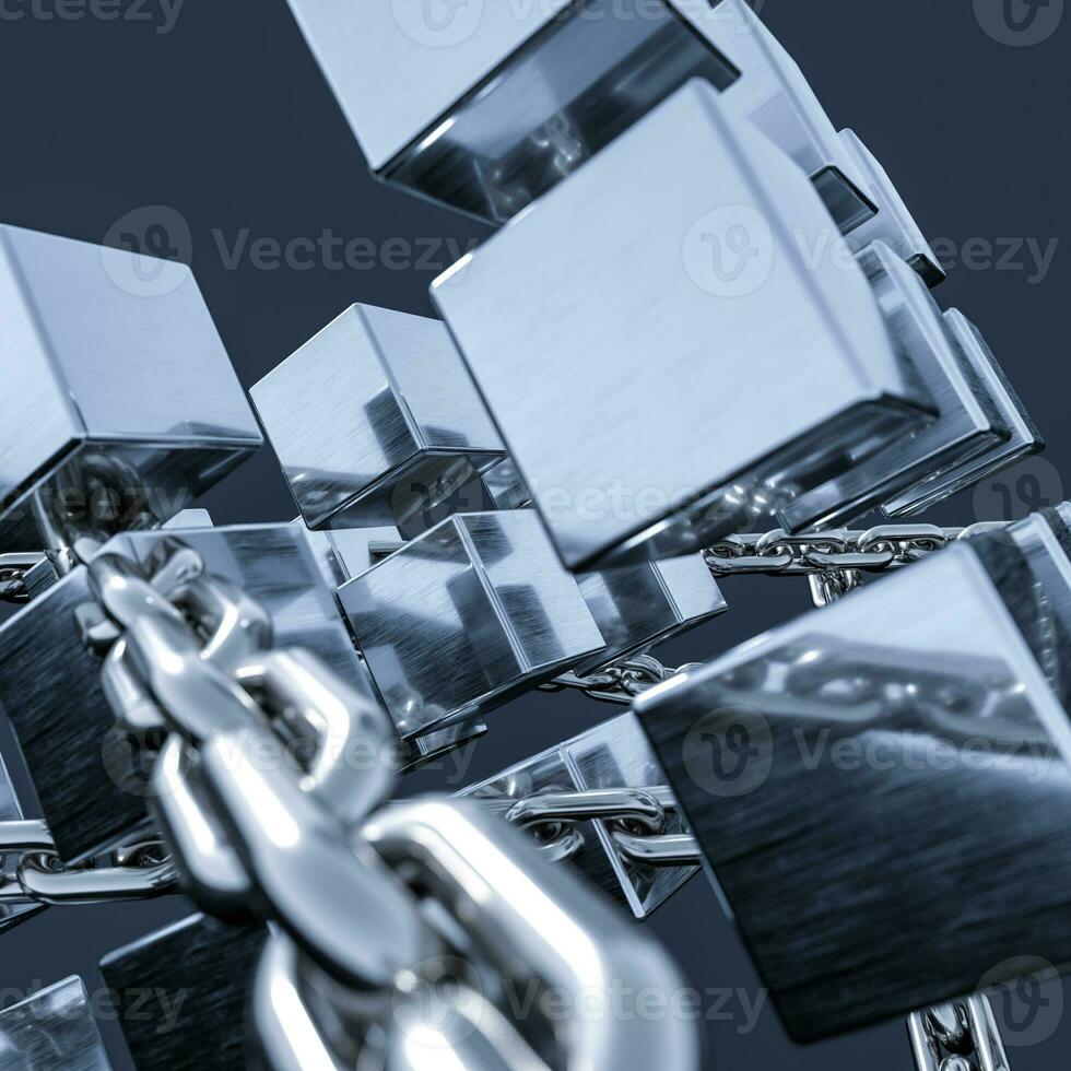 Metal chains and cubes background, 3d rendering. photo