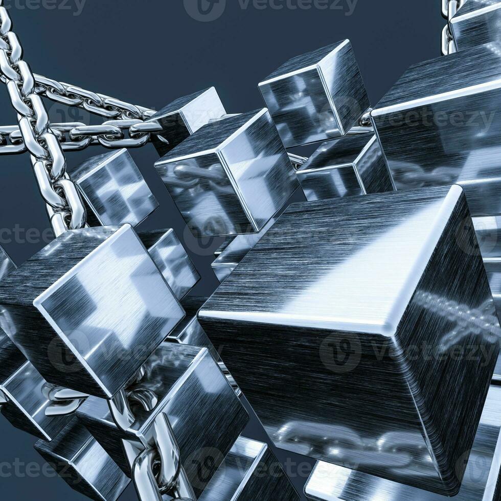 Metal chains and cubes background, 3d rendering. photo