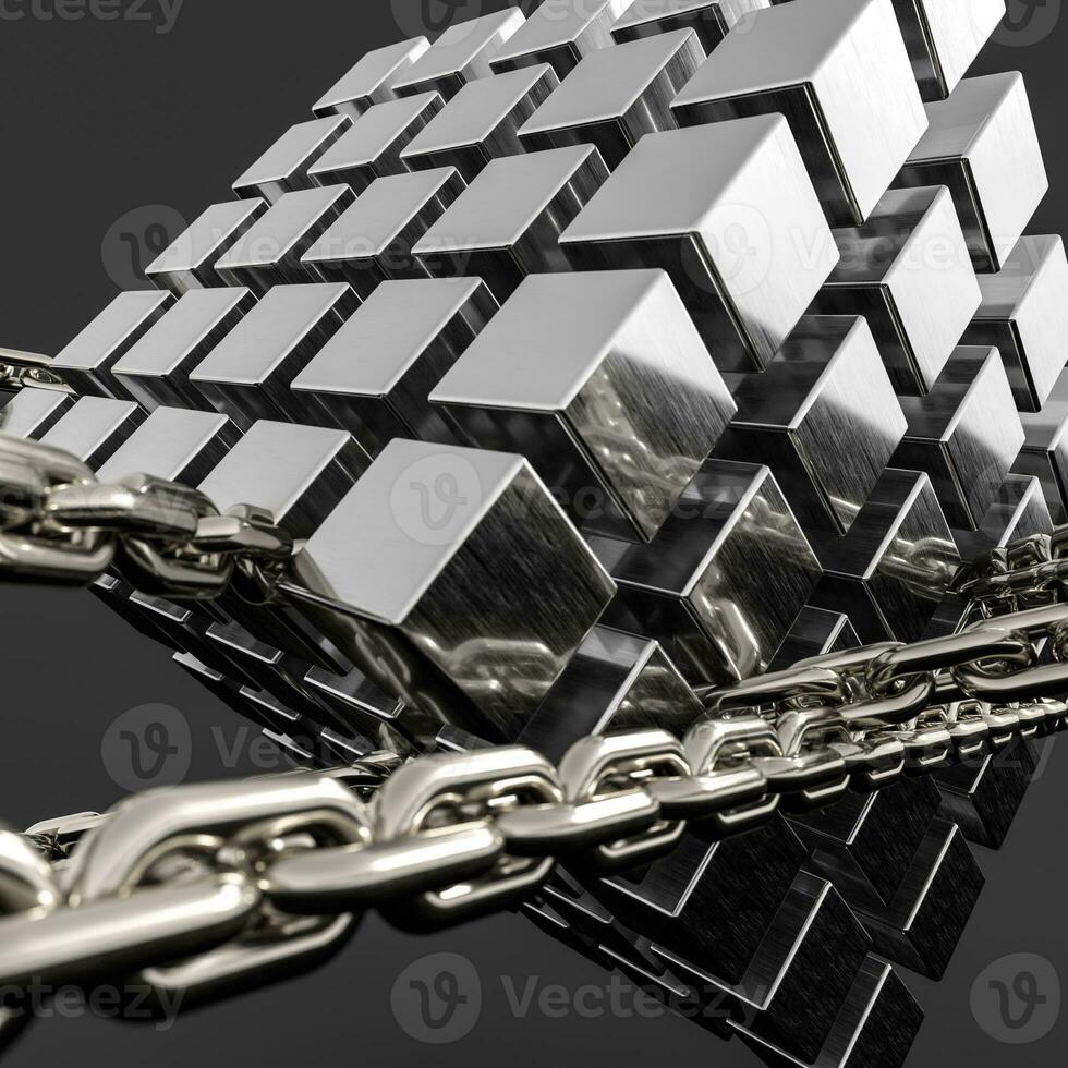 Metal chains and cubes background, 3d rendering. photo