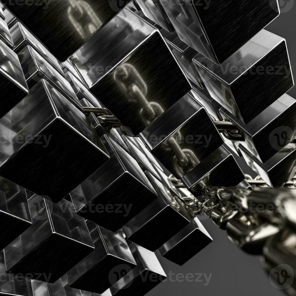 Metal chains and cubes background, 3d rendering. photo